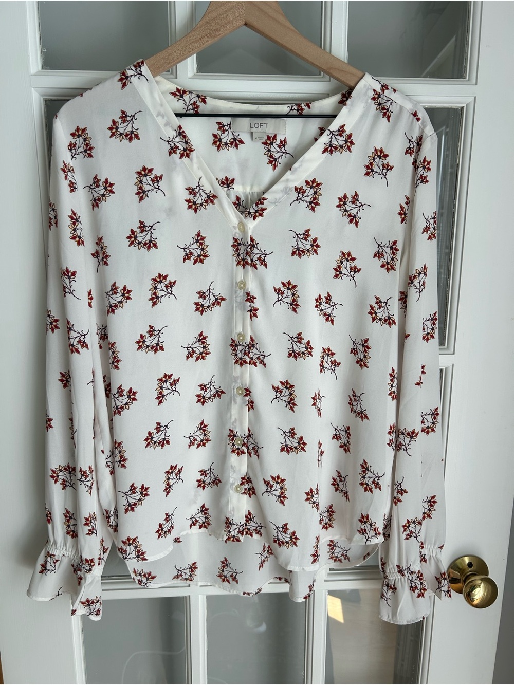 LOFT White Button-Front Blouse with Red Floral Print